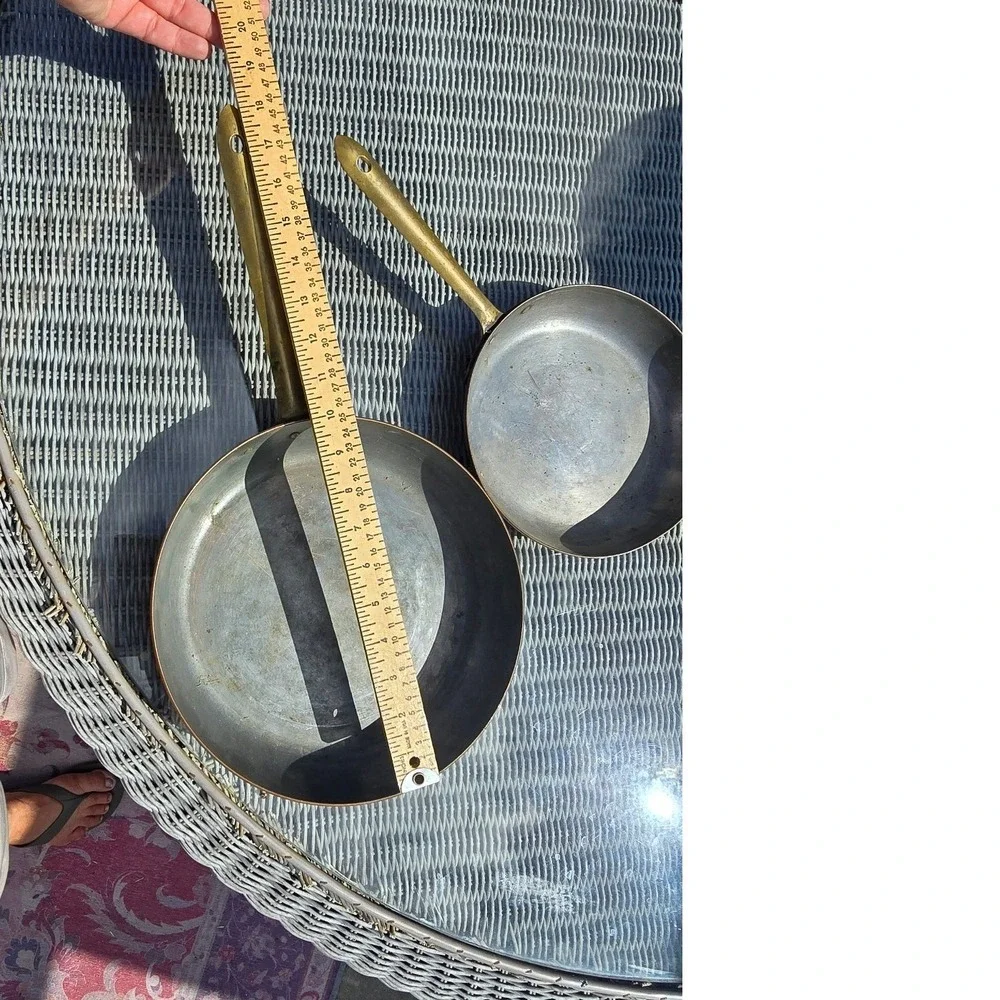 Vintage Made in Portugal Copper Skillet Set 2pc Brass Handles Tin Lined 10in 7in